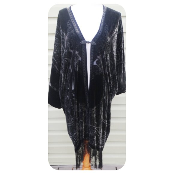 Jenny Helene Plus 2X Kimono Velvet Jacket/Cover Up Black Fringe Burn Out, Silk - Picture 1 of 9